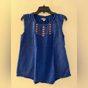 Lucky Brand Boho Cobalt Blue Sleeveless Top Embroidered